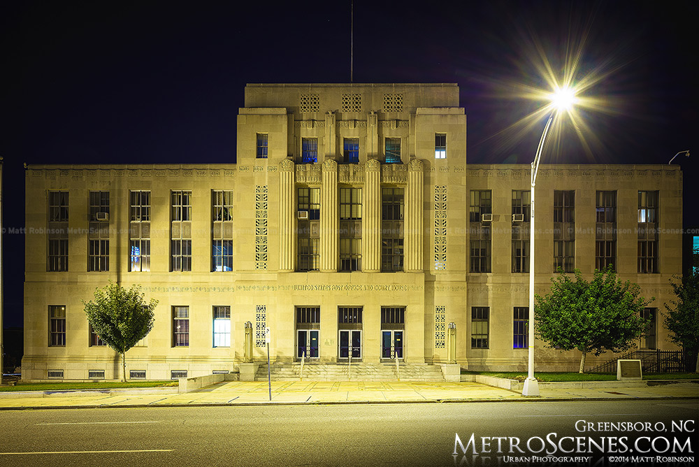 Greensboro Post Office and Courthouse at night