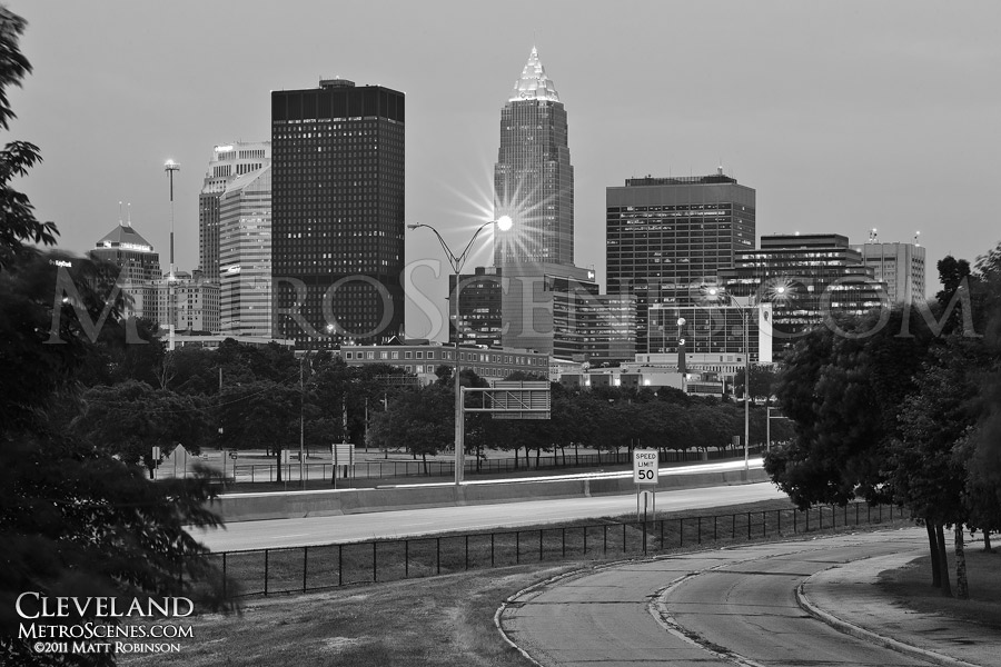 Black and White Cleveland Skyline from Marginal Road with Memorial Shoreway