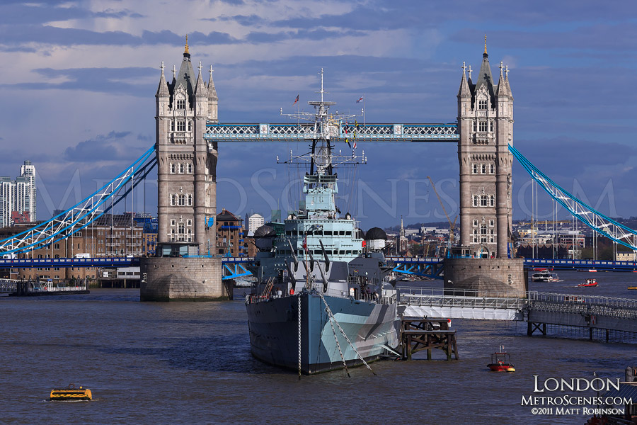 HMS Belfast with Tower Bridge as seen from The London Bridge