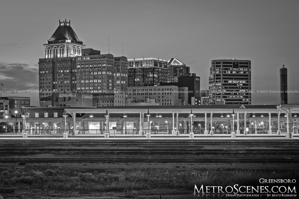 Greensboro Skyline Black and White at night