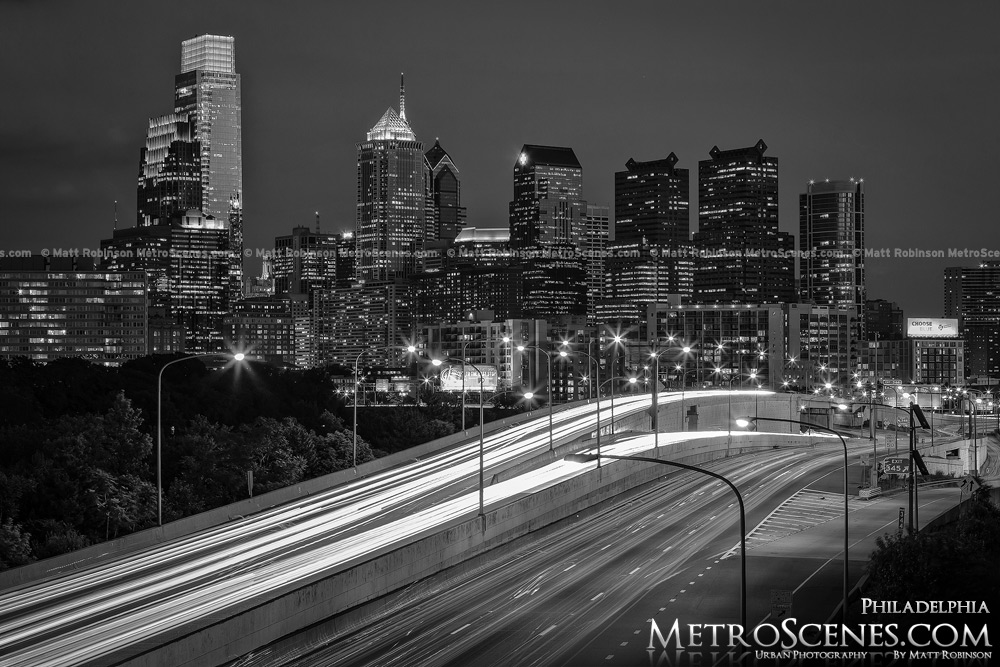 Downtown Philadelphia at night Black and White