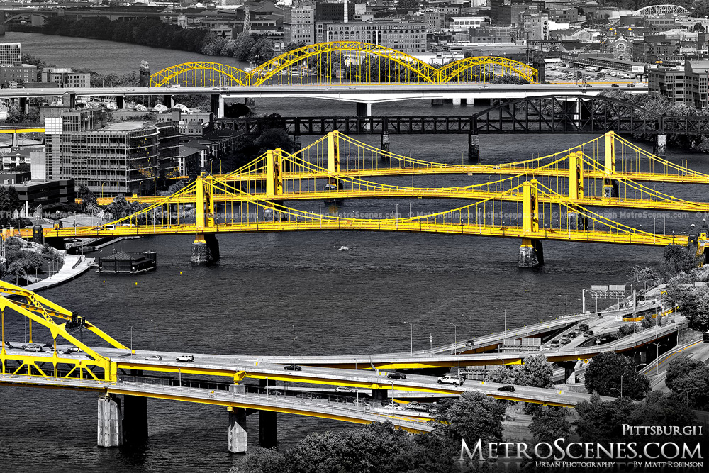 Black and White and Yellow Pittsburgh Bridges