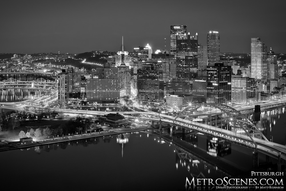Black and White Pittsburgh Skyline reflections at night