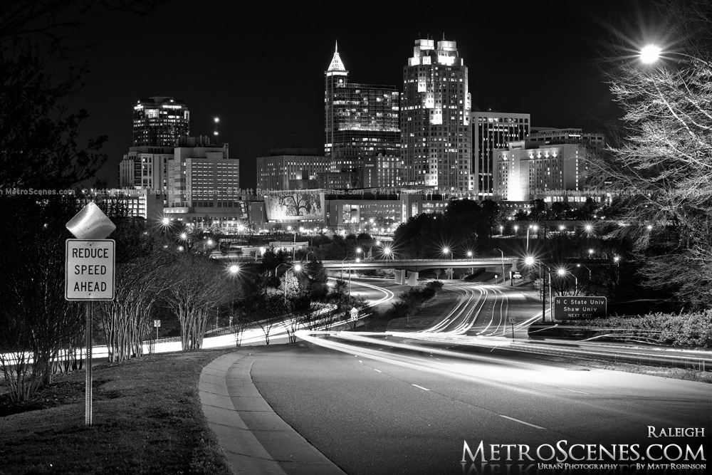 Raleigh Skyline at night Black and White
