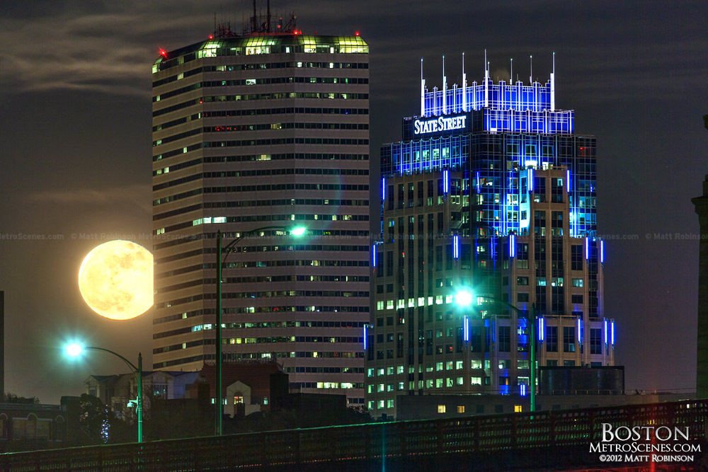 Supermoon rises behind One Financial Center and One Lincoln Street in Boston