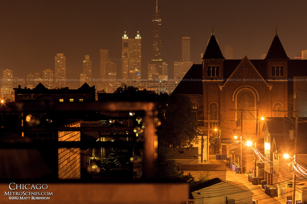 Northern Chicago skyline from a rooftop in Noble Square