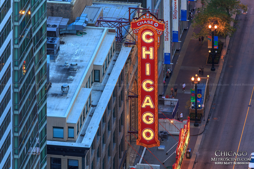 Chicago Theatre Marquee sign from Marina City Rooftop