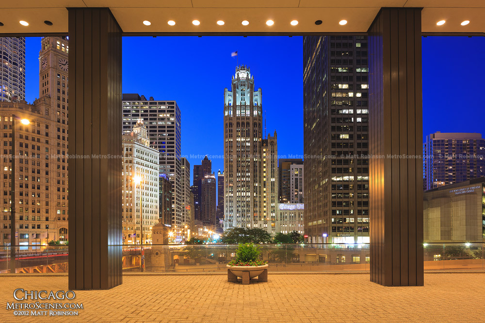 Tribune Tower at night from the base of 111 East Wacker Drive