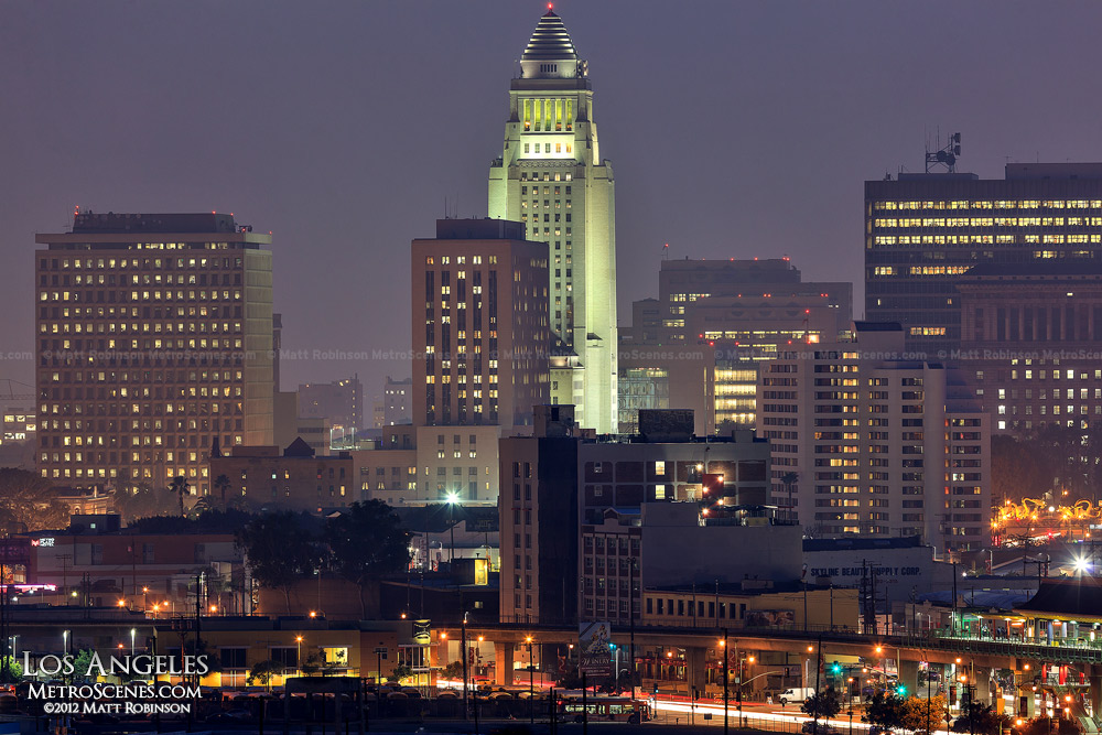 Los Angeles City Hall at night from Buena Vista Meadows Park