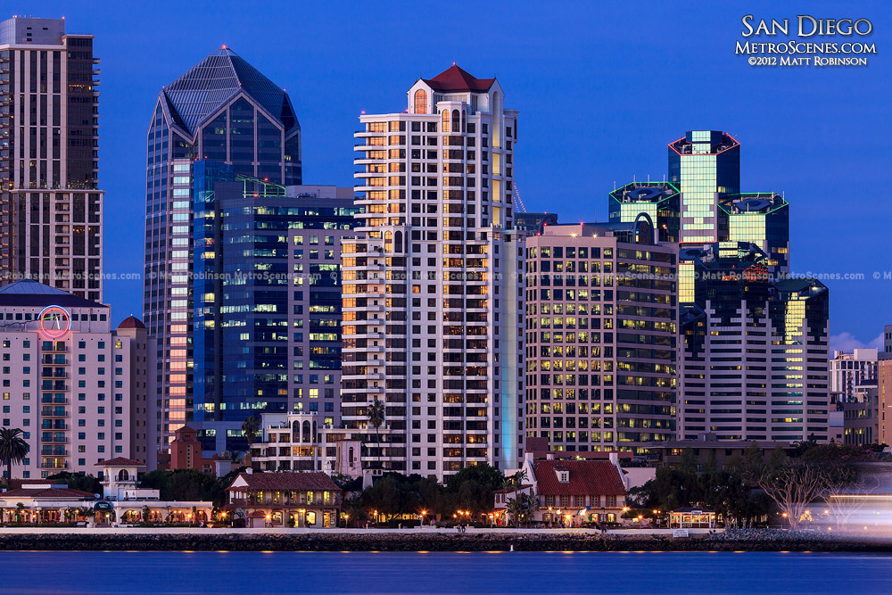 One America Plaza and Emerald Plaza at night