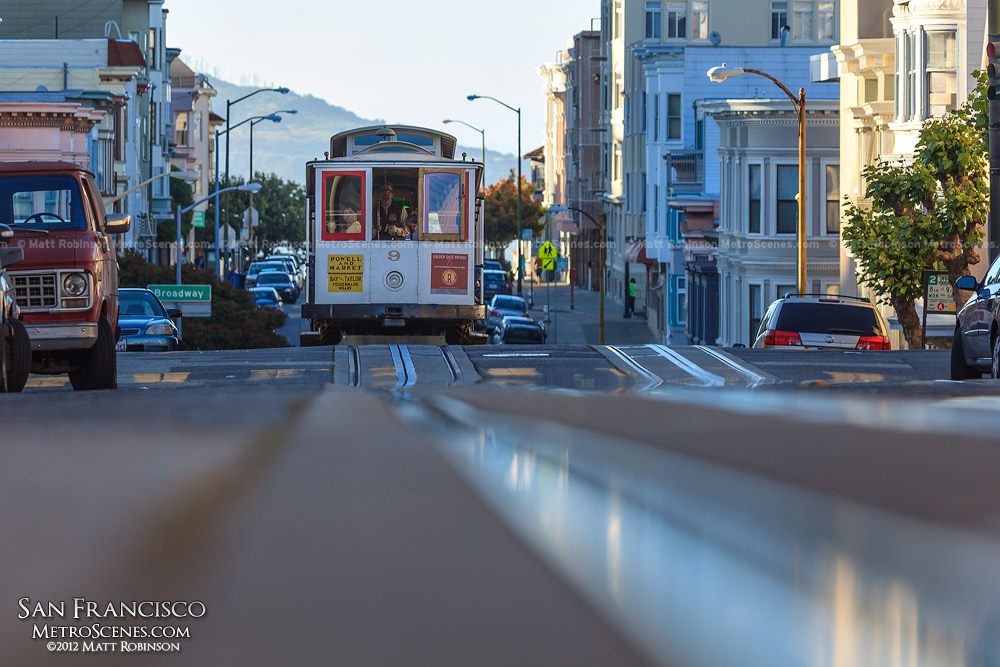 Rail level view of the Powell Mason Cable Car