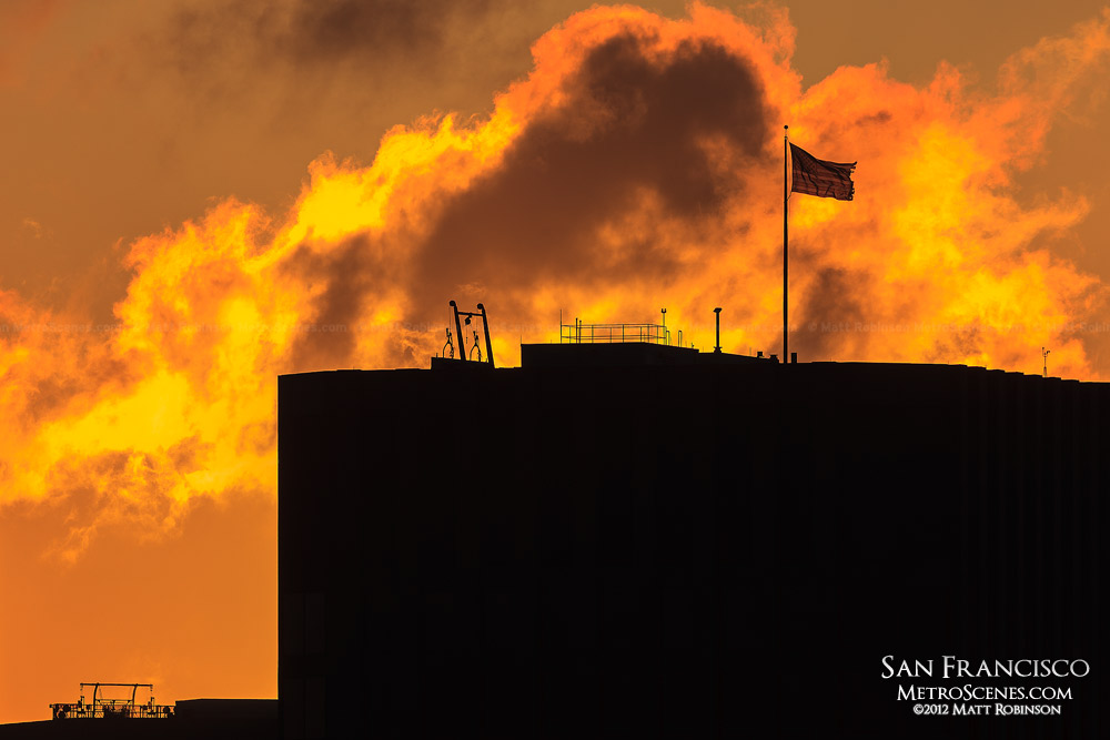 Silhouette of American Flag on top of building in San Francisco