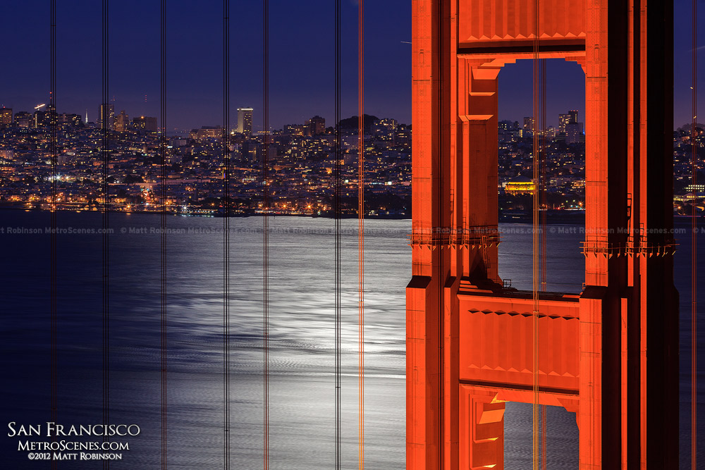 Moon illuminates the San Francisco Bay with Golden Gate Tower