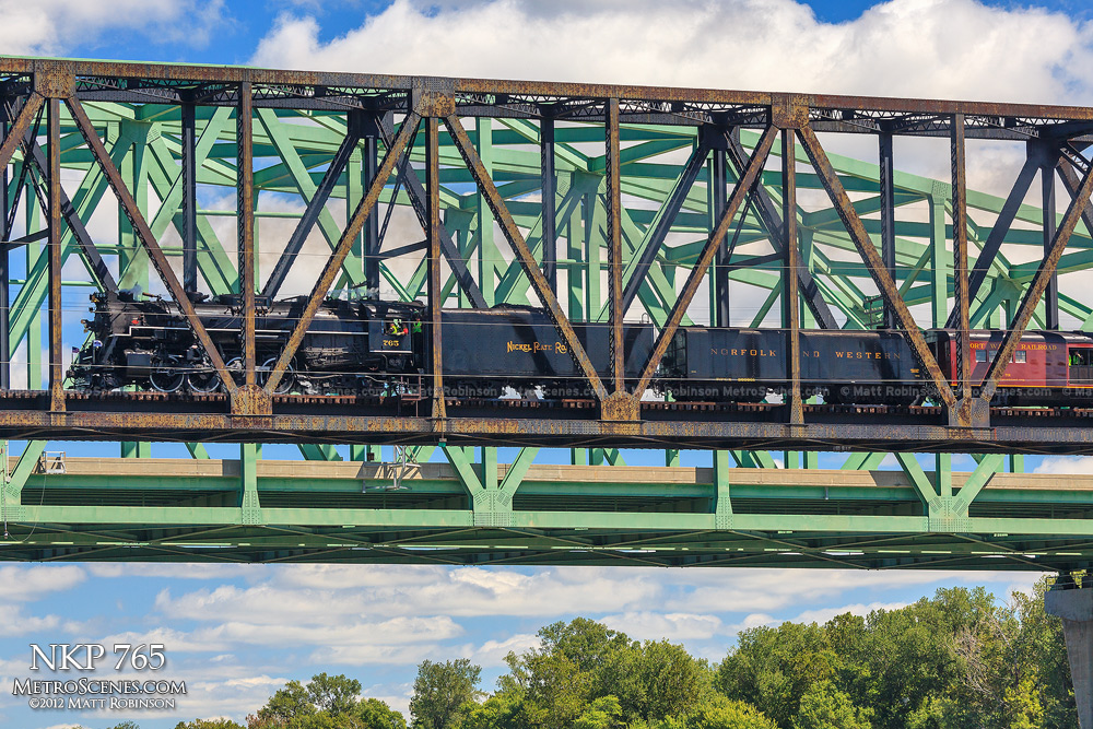 NKP 765 crosses the Missouri River Bridge in Earth City, MO