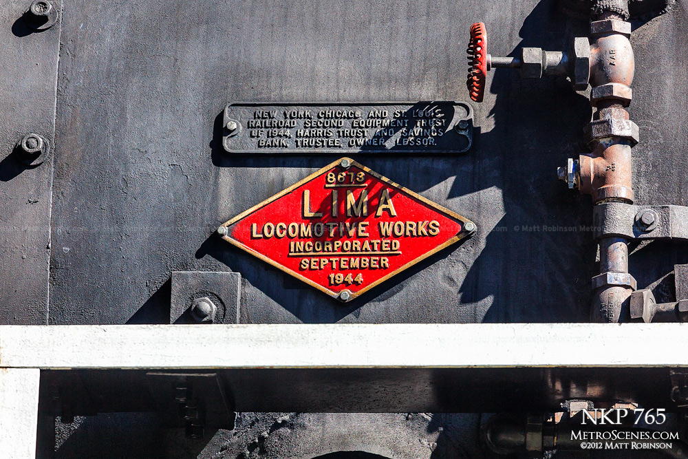 Red Lima Locomotive builder plate on NKP 765