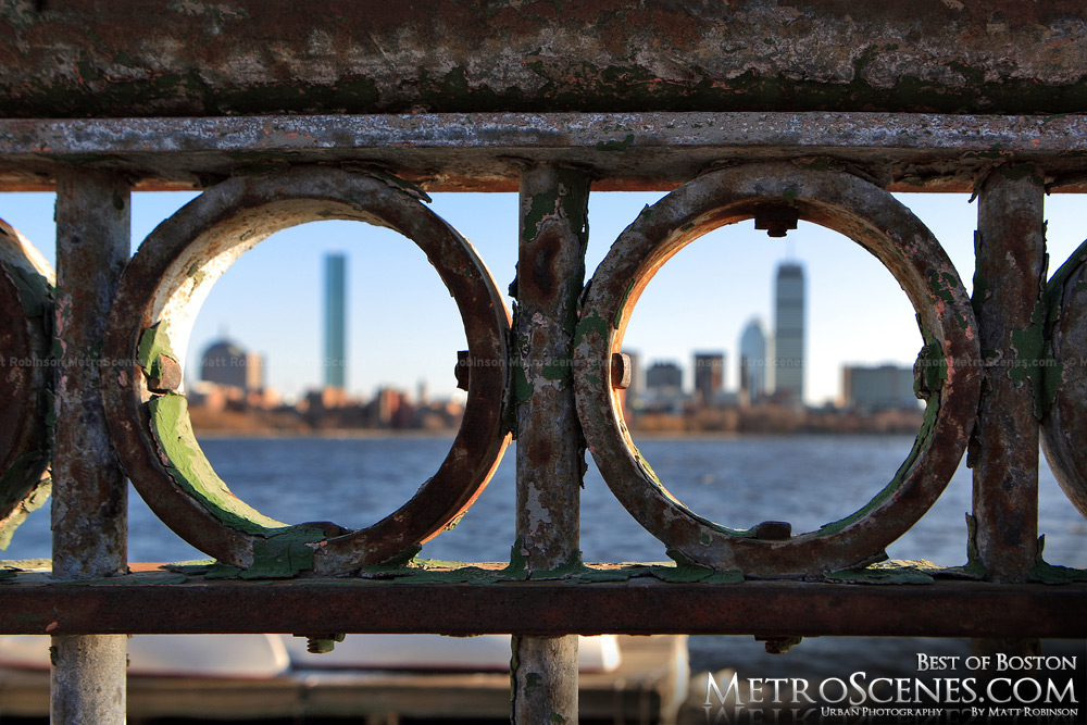 Boston seen through Charles River railing