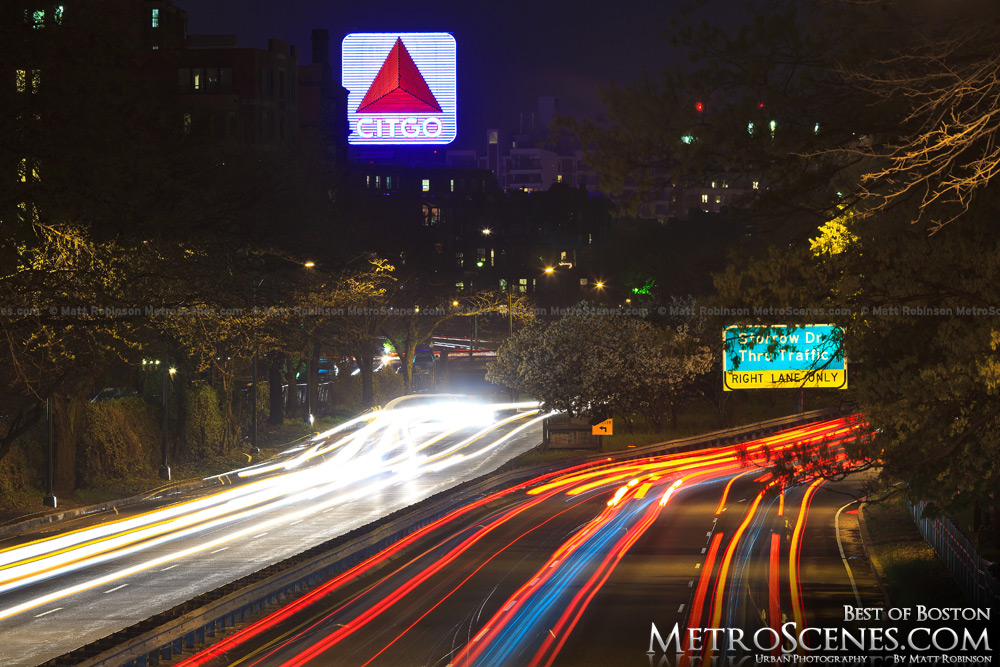 Citgo sign at night with traffic