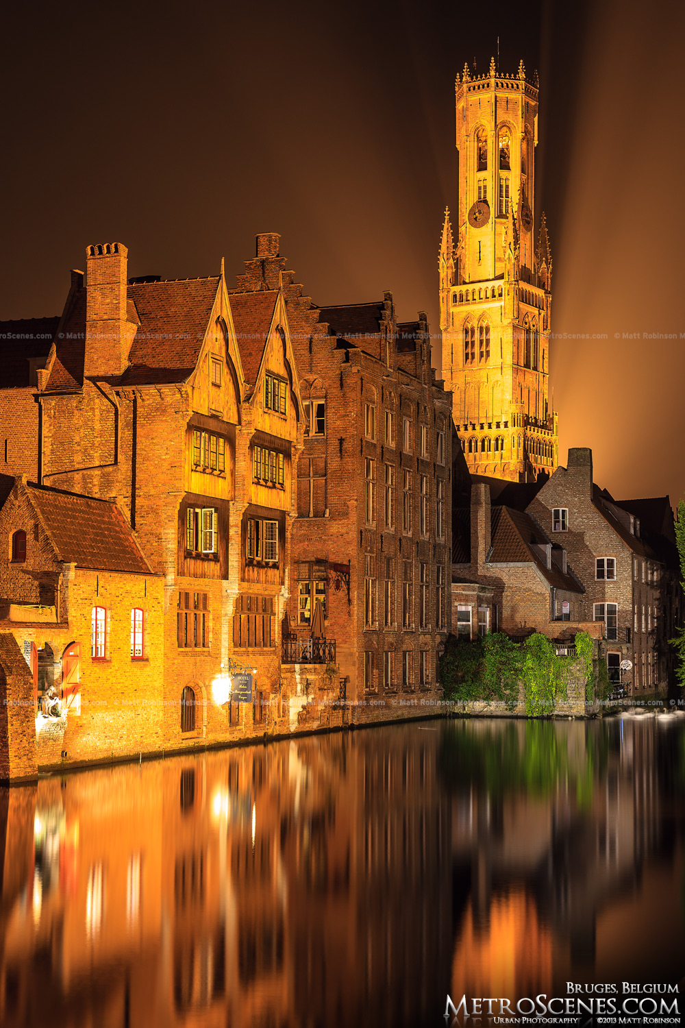 Dijver Canal and Belfrey at night, Bruges Belgium