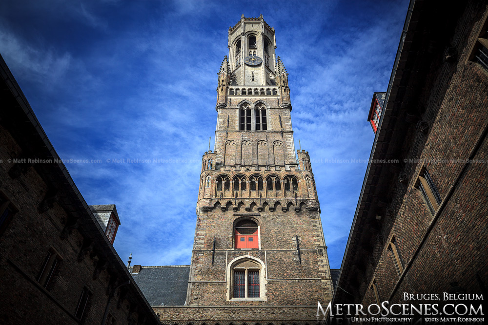 Belfrey tower of Bruges from the old market courtyard