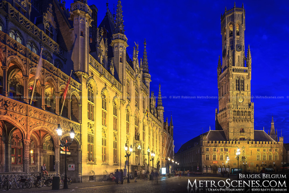 Floodlit Provincial Court Building with Belfrey of Bruges, Belgium at night