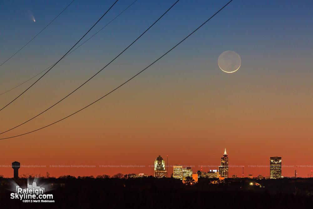 Comet Pan-STARRS and crescent moon over the Raleigh skyline