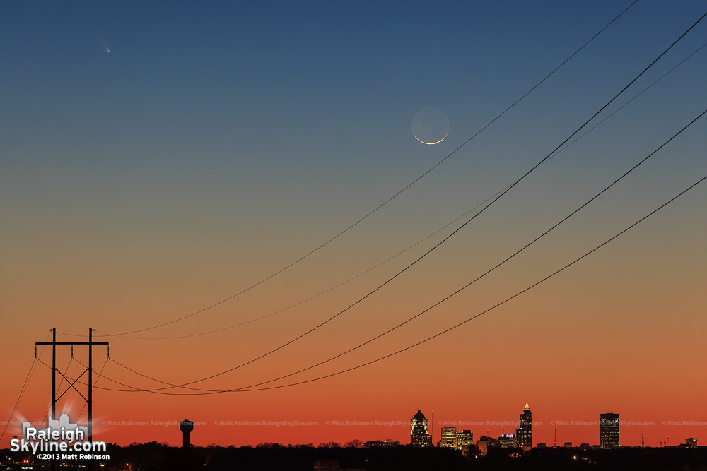 Comet Pan-STARRS and crescent moon over the Raleigh skyline