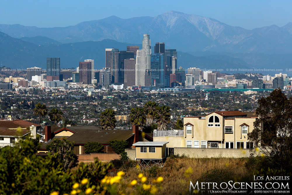 Mount Baldy Rises behind the Los Angeles Skyline in the spring