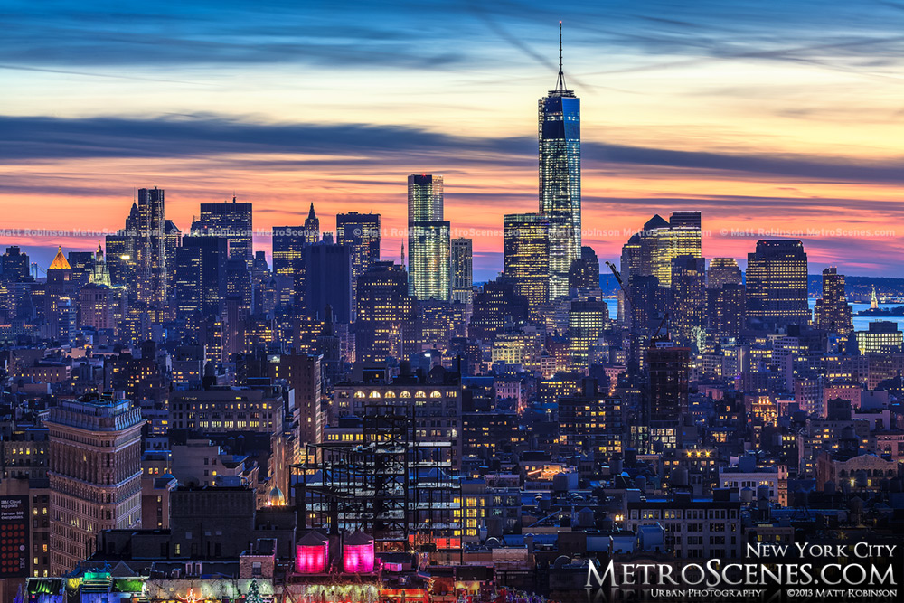 Lower Manhattan with the New World Trade Center at sunset