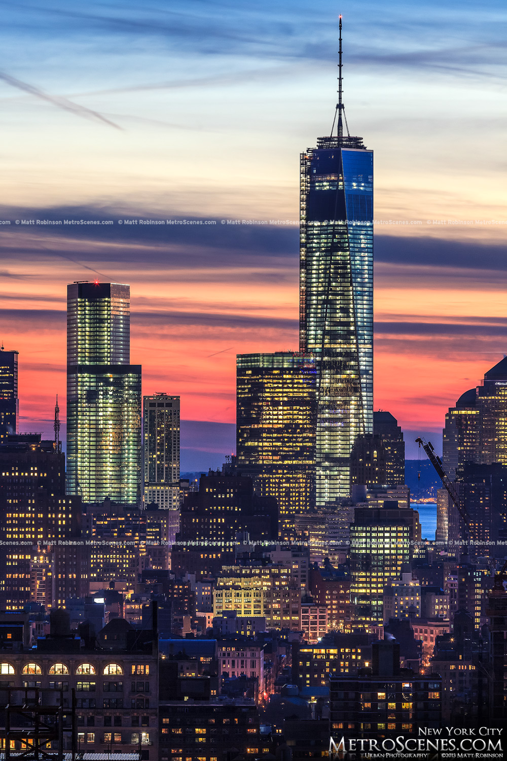 One and Four World Trade center at sunset