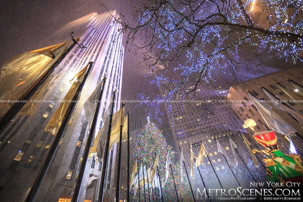 Snow flurries at Rockefeller Center at Christmas