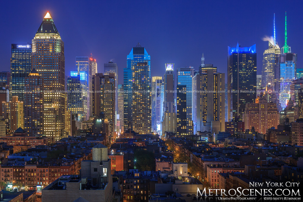 Above Hell's Kitchen looking towards New York City skyscrapers