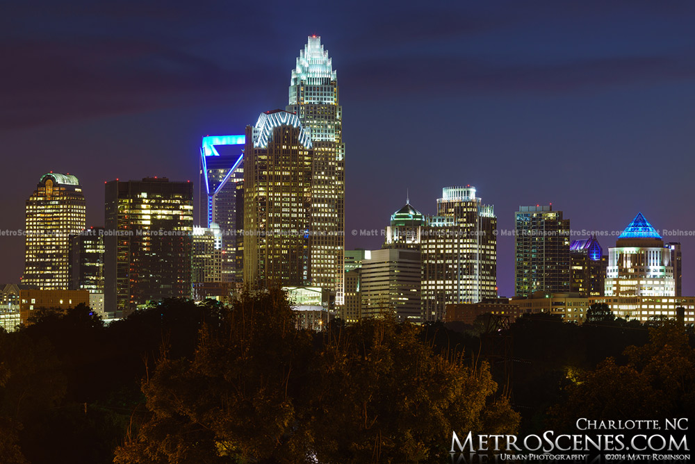 Magic hour view of Charlotte NC