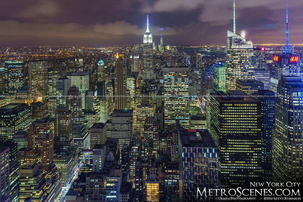 Evening view of New York City Skyline at night