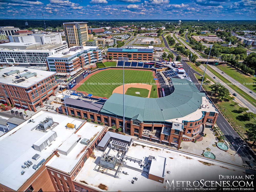 Over Durham Bulls Athletic Park looking West