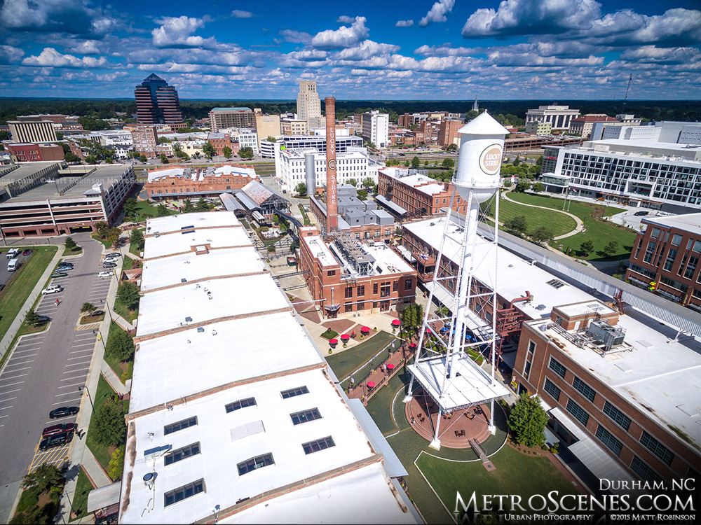Aerial of the Lucky Strike Water Tower and Downtown Durham, North Carolina
