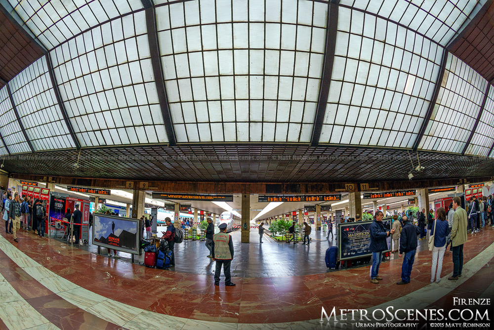 Fisheye of Florence Santa Maria Novella ceiling and train platforms