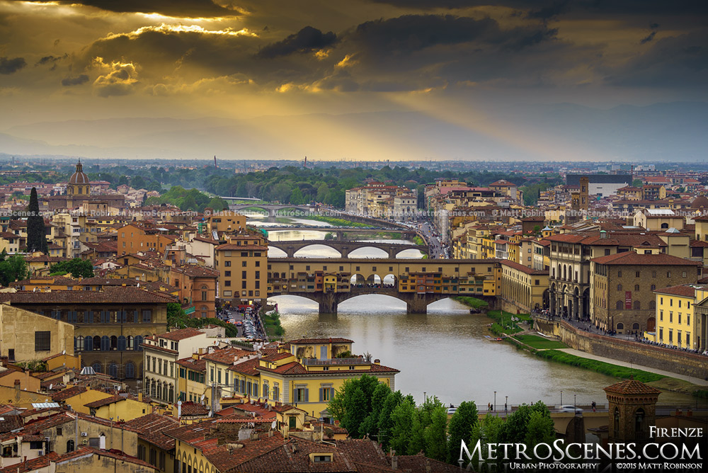 Sunset over Ponte Vecchio and Florence, Italy