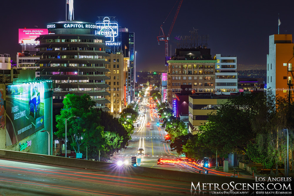 Looking down Vine Street in Hollywood at night