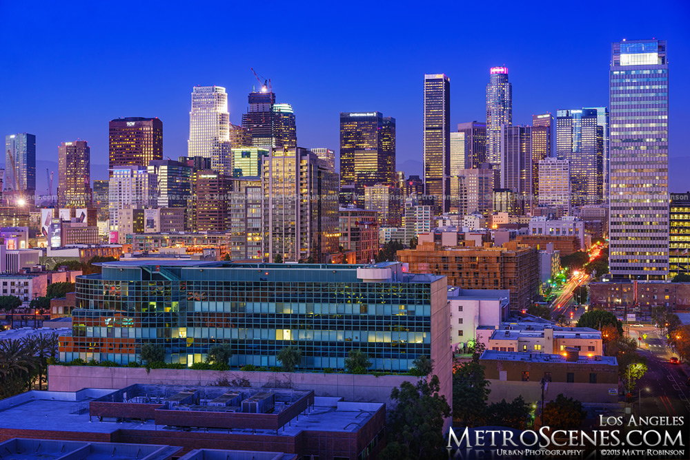 Magic Hour View of Downtown Los Angeles 2015 Wilshire Grand Tower skeleton