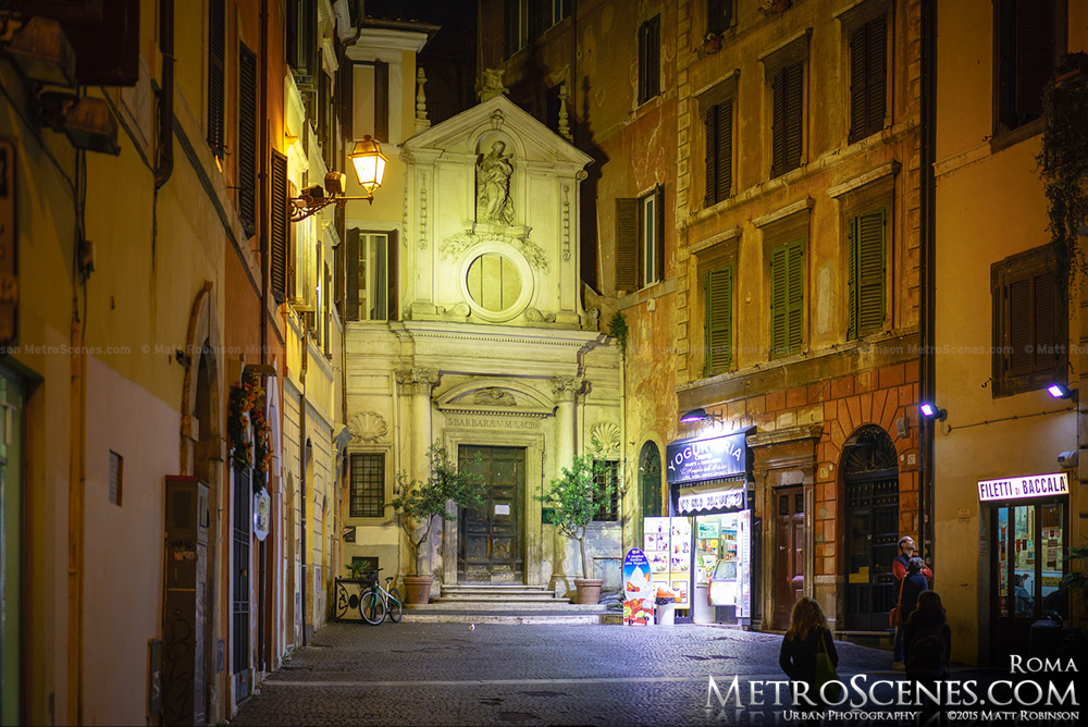 Church of Santa Barbara dei Librai at night in Rome