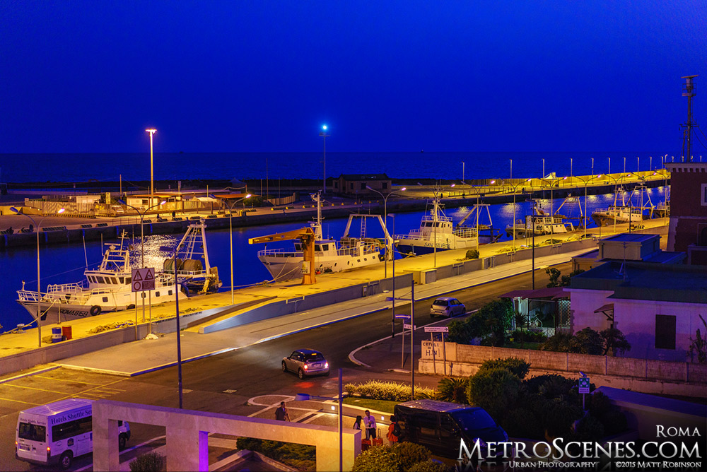 Fiumicino Fishing Port at night from Hotel Tiber