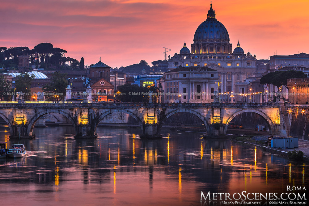 Vivid sunset over the River Tiber and St. Peter's Basilica