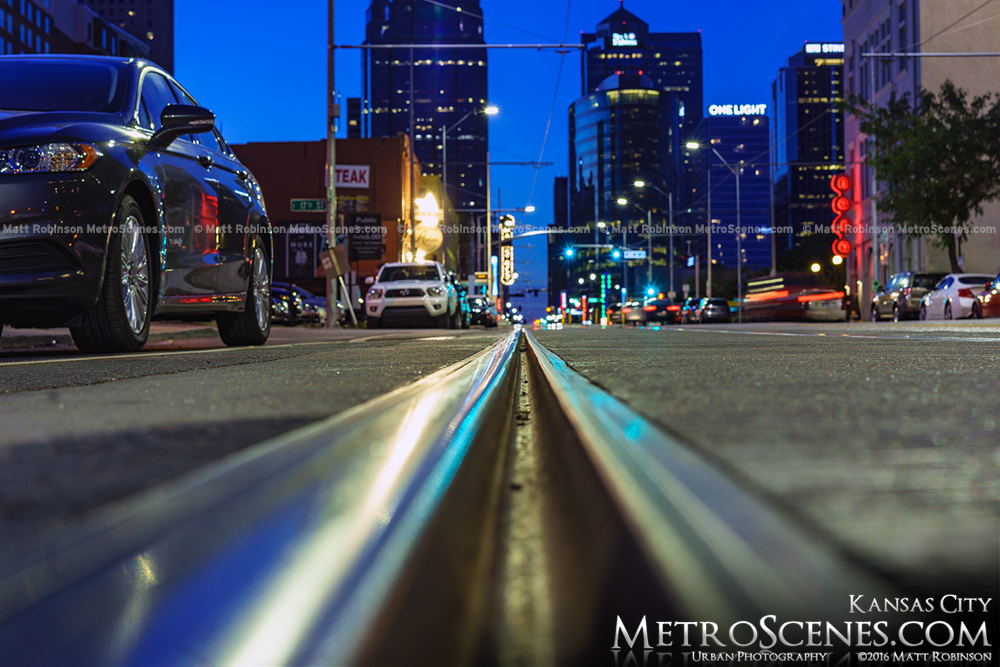 Kansas City Streetcar track on Main Street at night