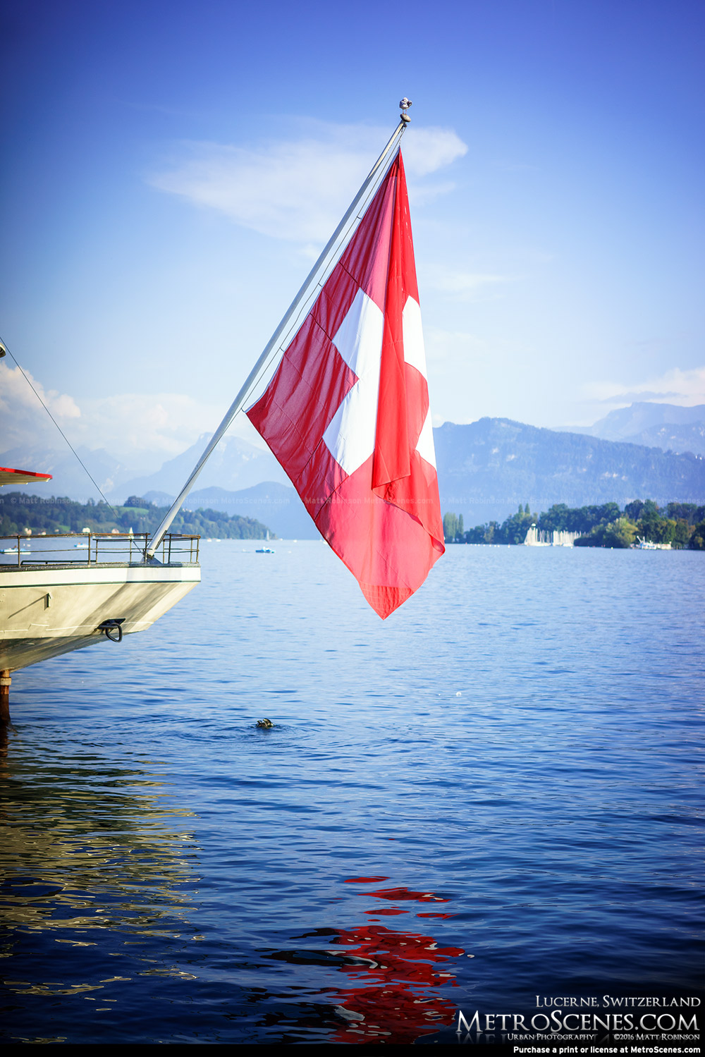 Swiss Flag on the bow of a ship on Lake Lucerne