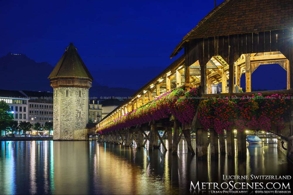 Chapel Bridge and Water Tower in Lucerne, Switzerland at night