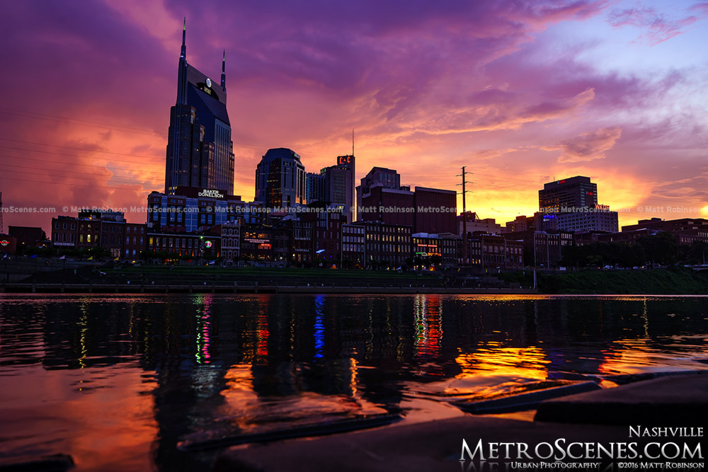Nashville, Tennessee Skyline reflects in the Cumberland River at sunset