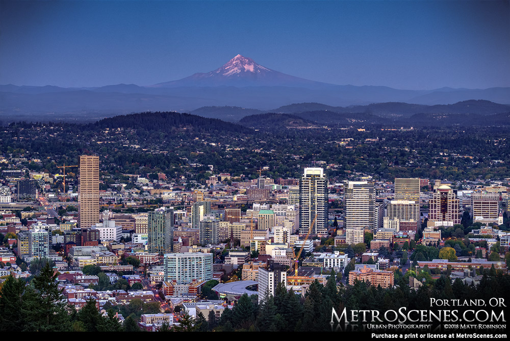 Portland Skyline at twilight with Mt. Hood