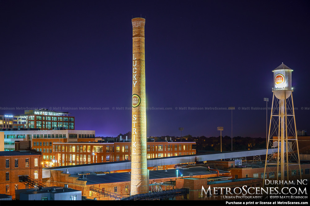 Lucky Strike Tower at night in Durham