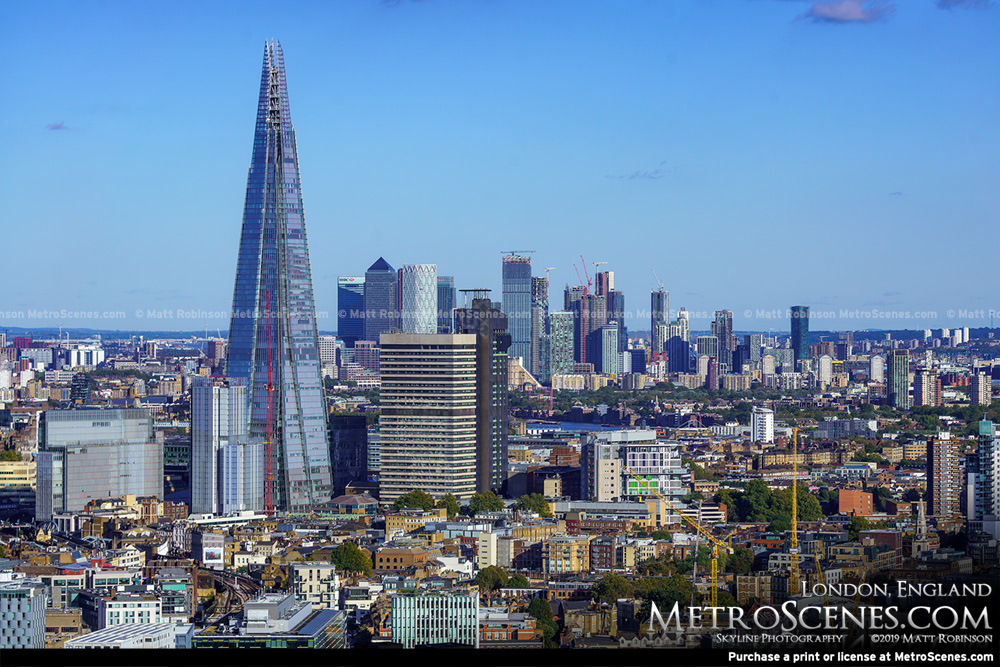 Canary Wharf Skyline and The Shard from the top of the London Eye in 2019