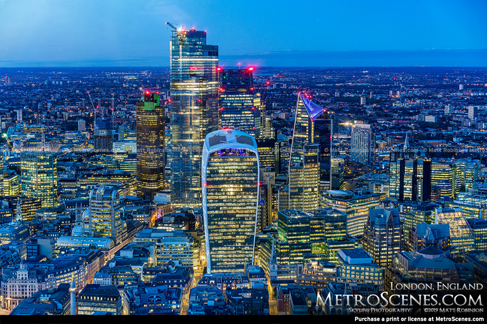 City of London Skyscrapers at night as seen from the top of the Shard 2019